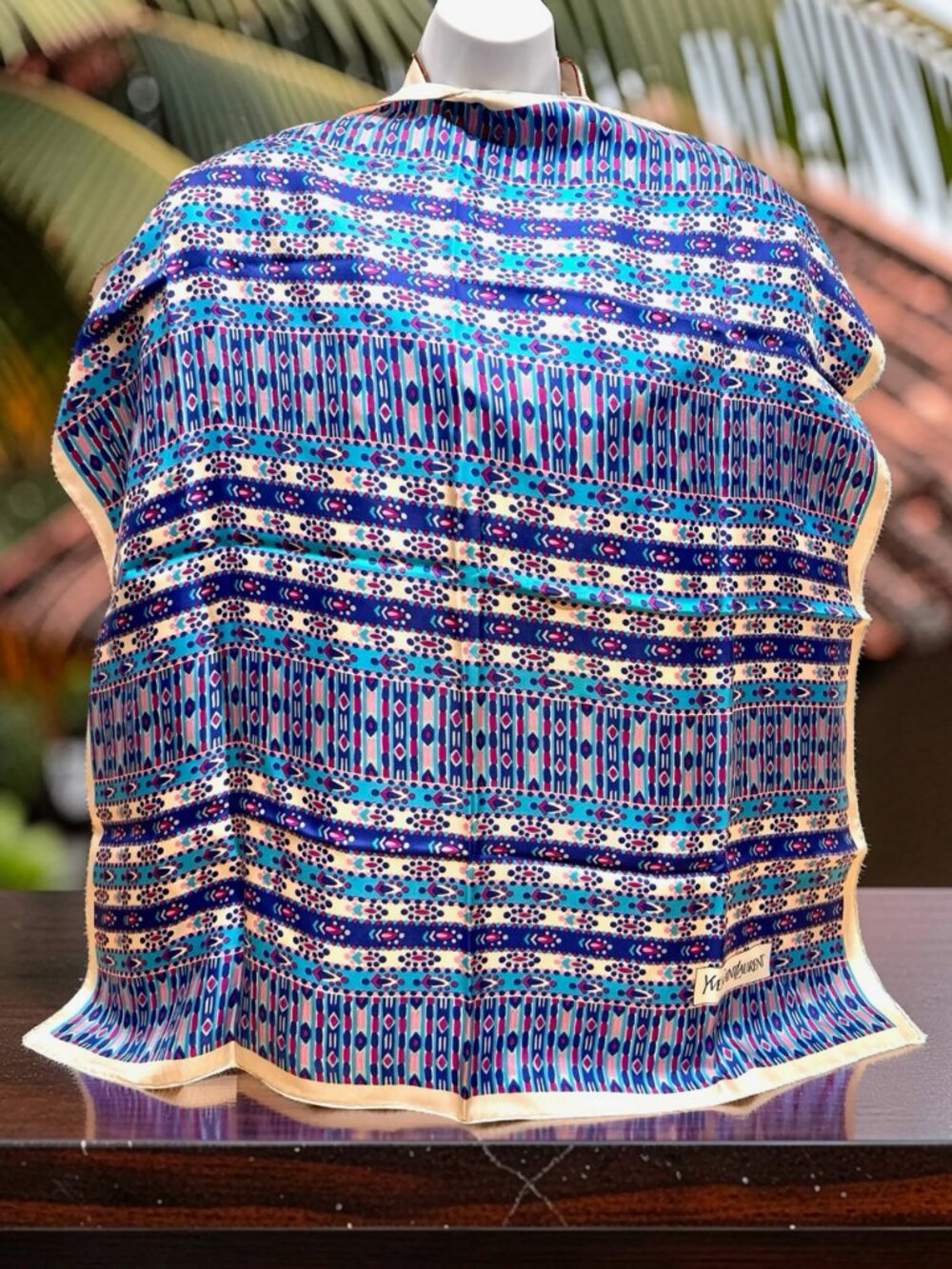 Yves Saint Laurent YSL Silk Satin Scarf 31" Beige Blue Purple Pink Dots (34